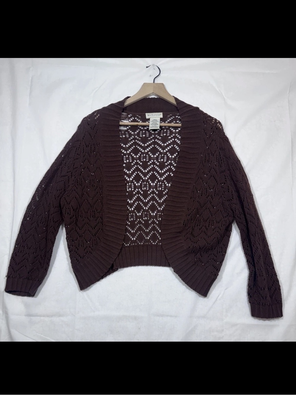Vtg Womens Cropped Brown Crochet Bolero Cardigan Sweater Size Large Boho 90's